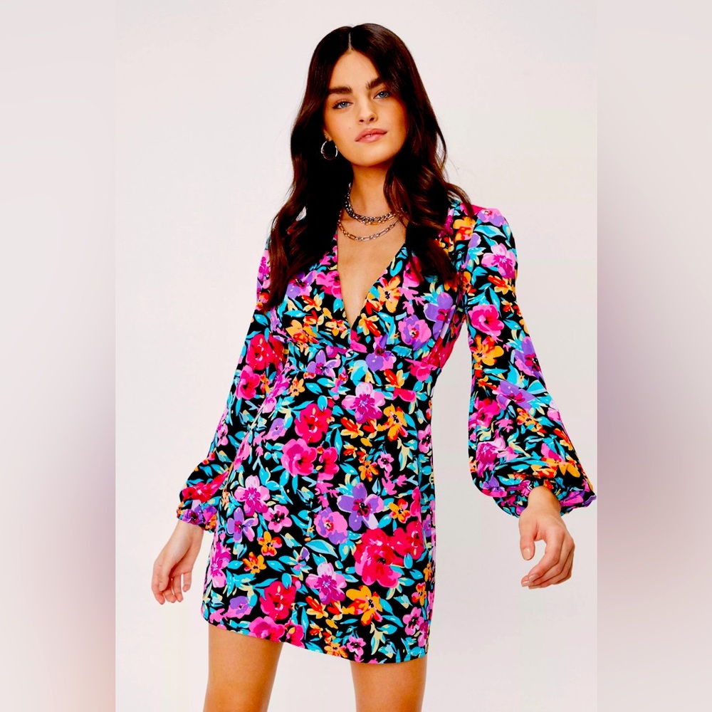 Floral V Neck Balloon Sleeve Mini Dress